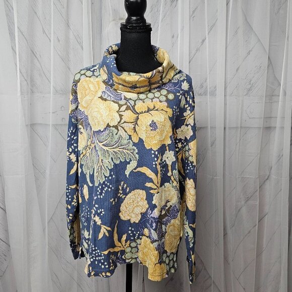 Chaps Blue Yellow Floral Cowl Neck Thermal Blouse Size M - Picture 1 of 12
